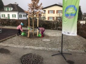 Zwei Kinder giessen einen neu gepflanzten Baum